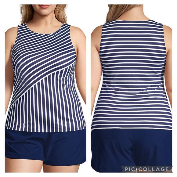Lands' End High Neck Tankini Diagonal Navy & White Stripe UPF Swim Top Size 22 - Picture 1 of 7